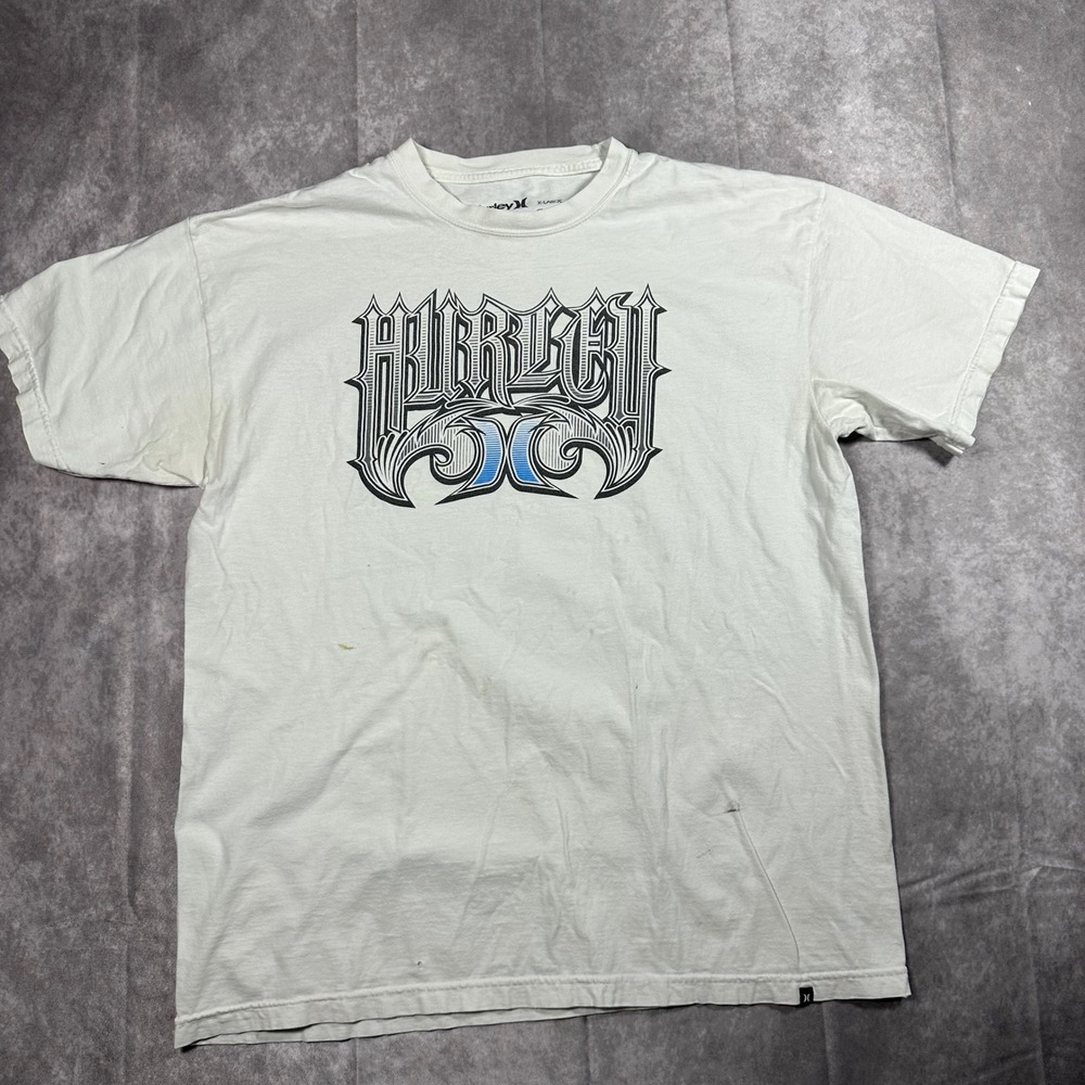 Hurley Mens White Graphic T-Shirt Gothic Logo Short Sleeve Cotton XL Tee